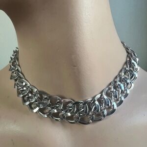 Chunky Silver Double Curb Link Choker Necklace OS Good